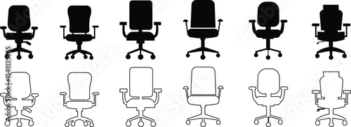 Stylish office chair icon set featuring ergonomic designs in black and outline stroke aesthetics perfect for representing comfortable seating for working at a desk. Piece of furniture for living room,