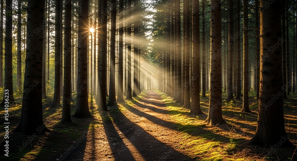 Fototapeta premium Sunbeams filtering through tall trees in a dense forest