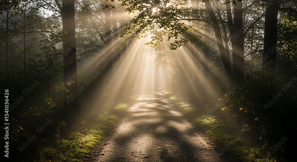 Naklejka premium Sunbeams Illuminate a Forest Path Through Trees and Mist