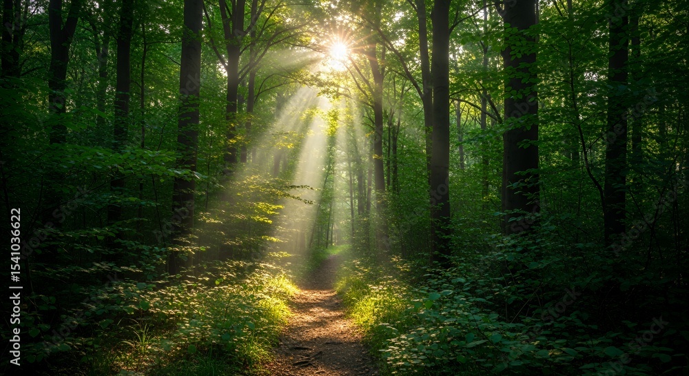 Fototapeta premium Sunbeams Illuminating a Peaceful Forest Path