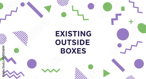 EXISTING OUTSIDE BOXES. Abstract geometric background with purple and green shapes. Modern Memphis style design for creative concepts, innovation, and unconventional thinking.