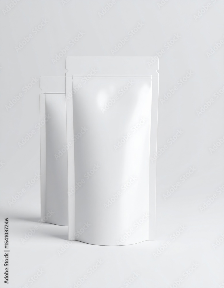 White Standup Pouches Mockup on White Background White Standup Pouches Mockup on White Background