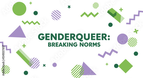 GENDERQUEER: BREAKING NORMS. Abstract geometric design celebrating gender diversity and challenging societal expectations. Modern illustration with green and purple shapes on a white background.