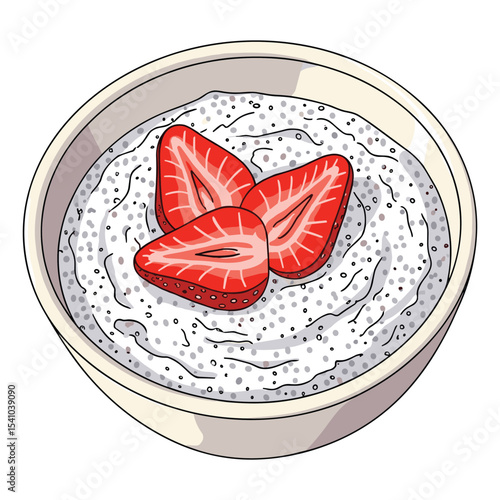Delicious chia seed pudding with fresh strawberries, a healthy and vibrant dessert illustration