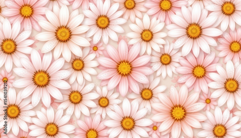 an assortment of pink flowers with yellow centers against a light background. the flowers are arranged in a symmetrical pattern, creating a uniform, harmonious appearance. an assortment of pink flowers with yellow centers against a light background. the flowers are arranged in a symmetrical pattern, creating a uniform, harmonious appearance.