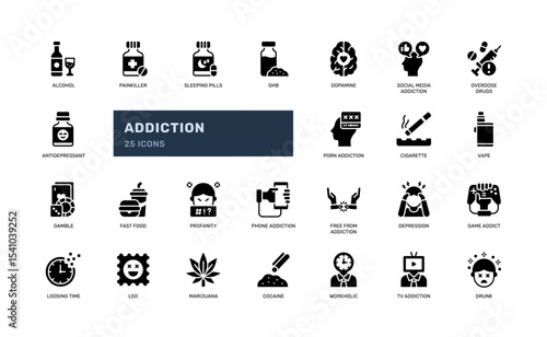 Glyph Addiction Icon Set with Substance Abuse and Behavior Issues