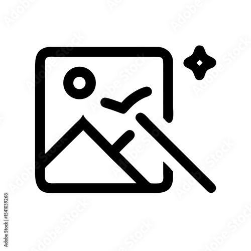 Illustration of a landscape icon with a mountain, sun and bird symbol, depicting photo retouching or editing.