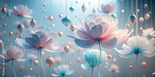 Ethereal Blooms Suspended in a Serene Dreamlike Atmosphere with Delicate Hanging Ornaments