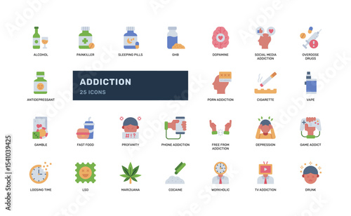 Flat Addiction Icon Set with Drugs and Mental Health Symbols