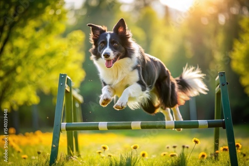 A joyful canine athlete gracefully leaps over a low hurdle, showcasing incredible agility and athleticism in a sun-drenched meadow filled with vibrant wildflowers.