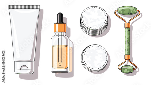 Beauty products illustration: facial serum, cotton pads, jade roller, and cream tube
