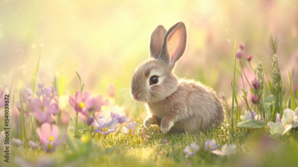 Adorable Baby Bunny in a Spring Meadow of Blossoming Flowers: A Delightful Easter Scene Adorable Baby Bunny in a Spring Meadow of Blossoming Flowers: A Delightful Easter Scene