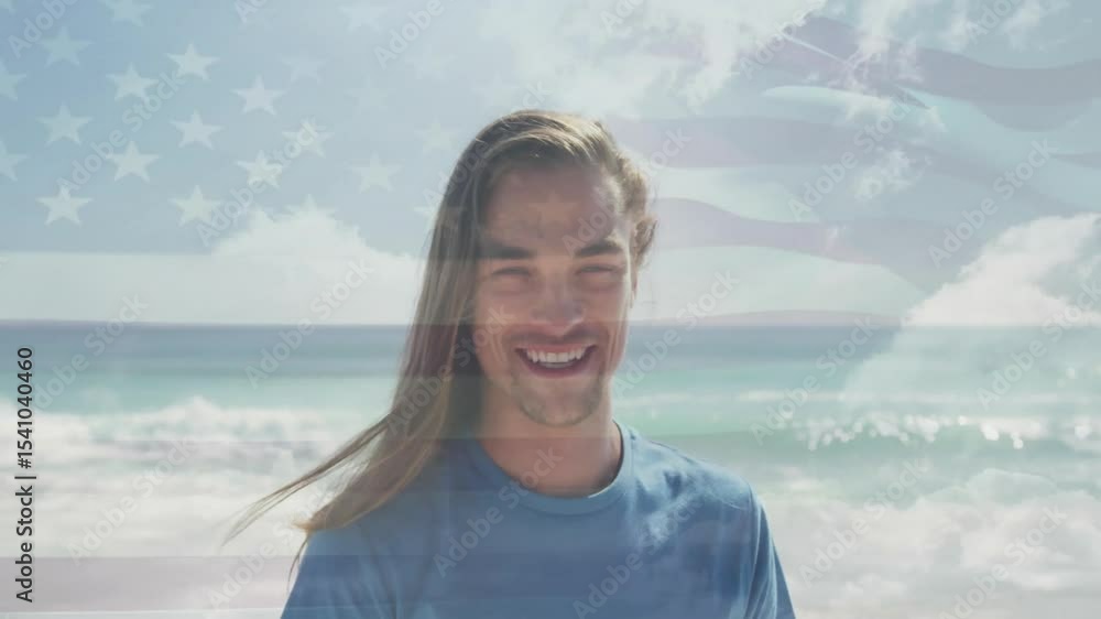 Man facing beach waves and breeze sparking smile into laughter with clear marketing flag overlay Man facing beach waves and breeze sparking smile into laughter with clear marketing flag overlay