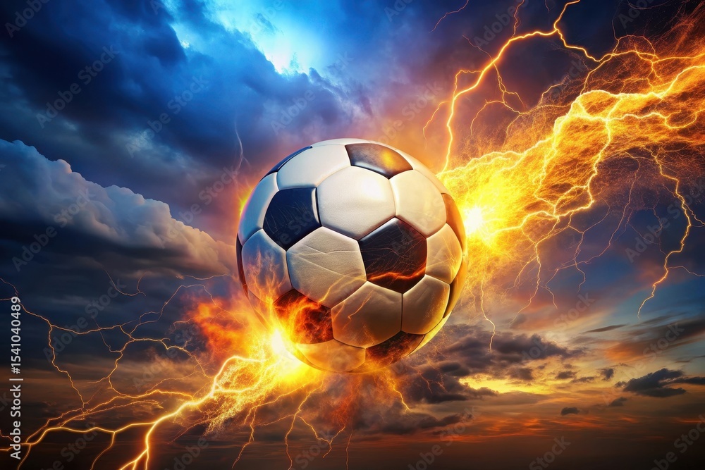 Fototapeta premium Fiery Soccer Ball Ascends Through Electrifying Storm Clouds, A Dramatic Image of Athletic Power and Intense Competition
