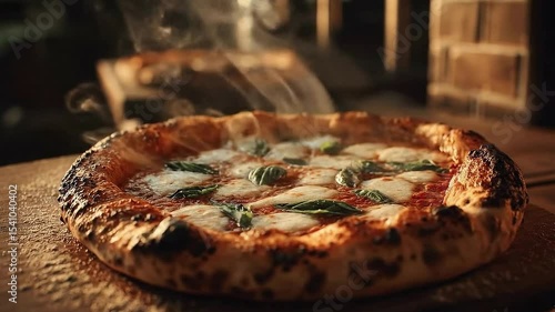 Cinematic shot of a freshly baked Neapolitan Margherita pizza on a wooden peel, with steam rising. A rustic brick oven is in the background.