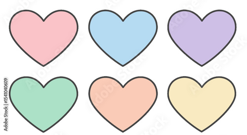 Colorful pastel hearts in various shapes and arrangements  