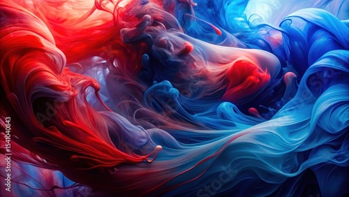 Abstract Swirling Currents of Vivid Red and Blue Hues, a Captivating Dance of Color and Form in a Fluid Medium