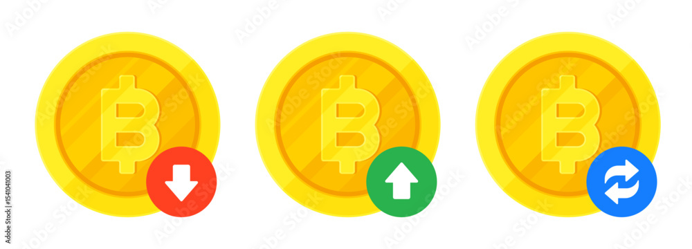 Set of Thai baht sign (฿) gold coins, arrows for increase, decrease, transaction. Finance, currency, fluctuation, THB exchange concept. Flat vector illustration isolated on a white background Set of Thai baht sign (฿) gold coins, arrows for increase, decrease, transaction. Finance, currency, fluctuation, THB exchange concept. Flat vector illustration isolated on a white background