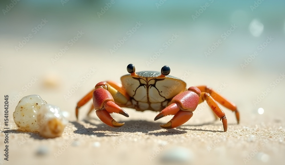 Environmental Symbolism: Crab with Discarded Rubber on Clean Beach Environmental Symbolism: Crab with Discarded Rubber on Clean Beach