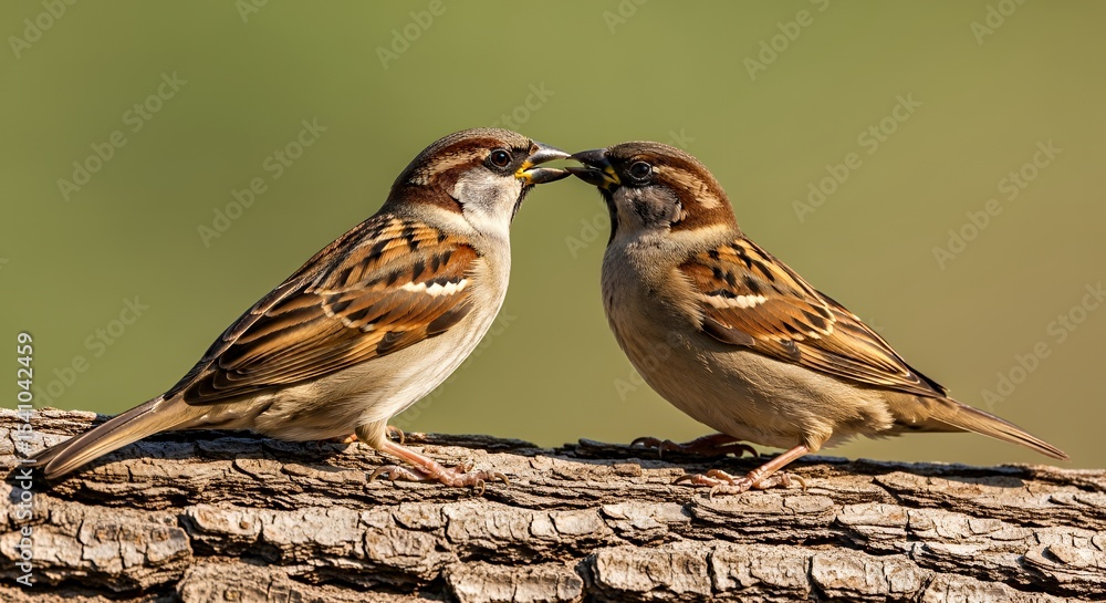 Fototapeta premium Two House Sparrows Touching Beaks on a Tree Branch in Sunlight