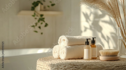 A beige robe spa day with body oils and minimalist design, where a woman does dry brushing--serene and dynamic, ideal for e-commerce product shoots