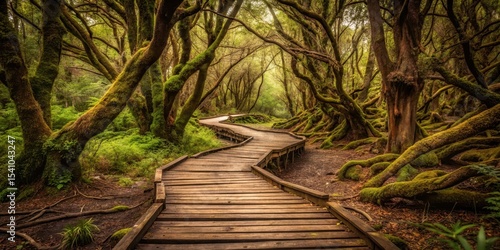 Wooden Pathway Winding Through a Lush, Moss-Covered Forest, A Serene Nature Walk