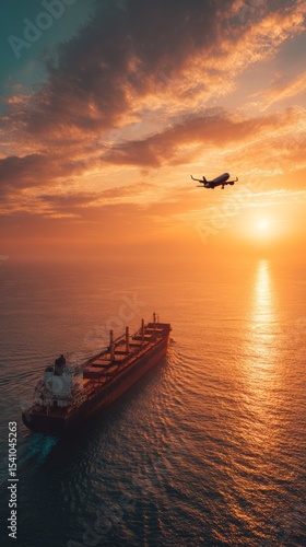 Commercial passenger airplane fly over a large general cargo ship sailing in the sea near the coast and spread the wheel prepare landing to airport in evening while golden sunset 