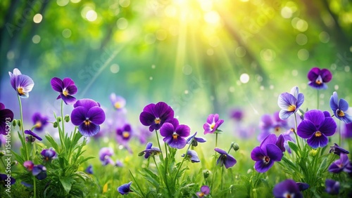 Vibrant Purple Pansies Blooming in a Sunny Meadow, a Serene Springtime Scene of Delicate Petals and Lush Greenery