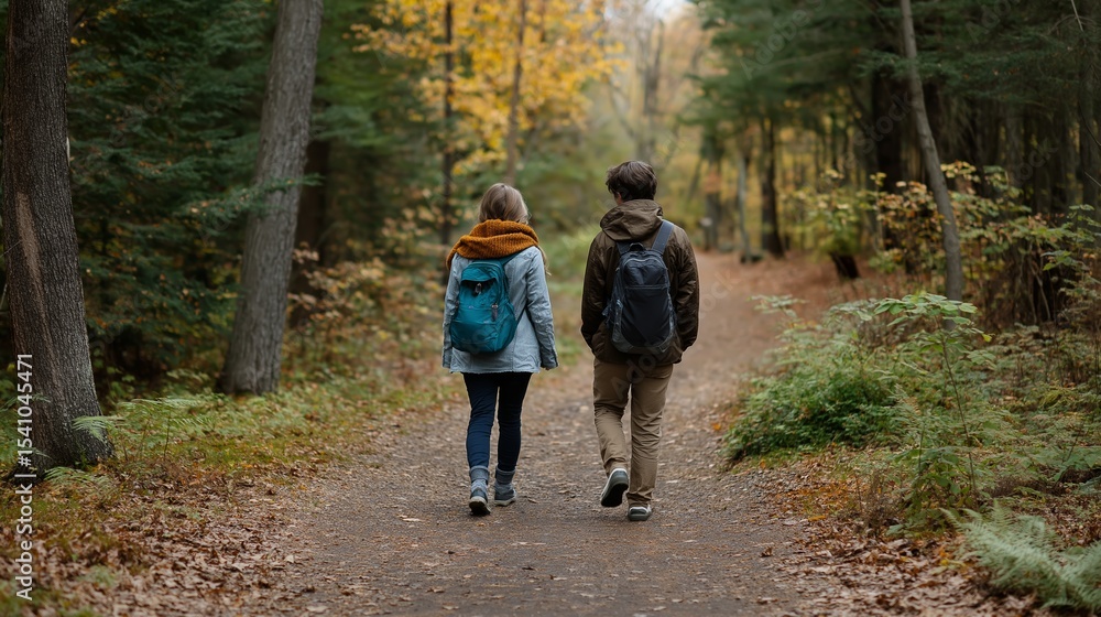 Fototapeta premium Couple hikes autumn trail with backpacks nature activity. AI generated.