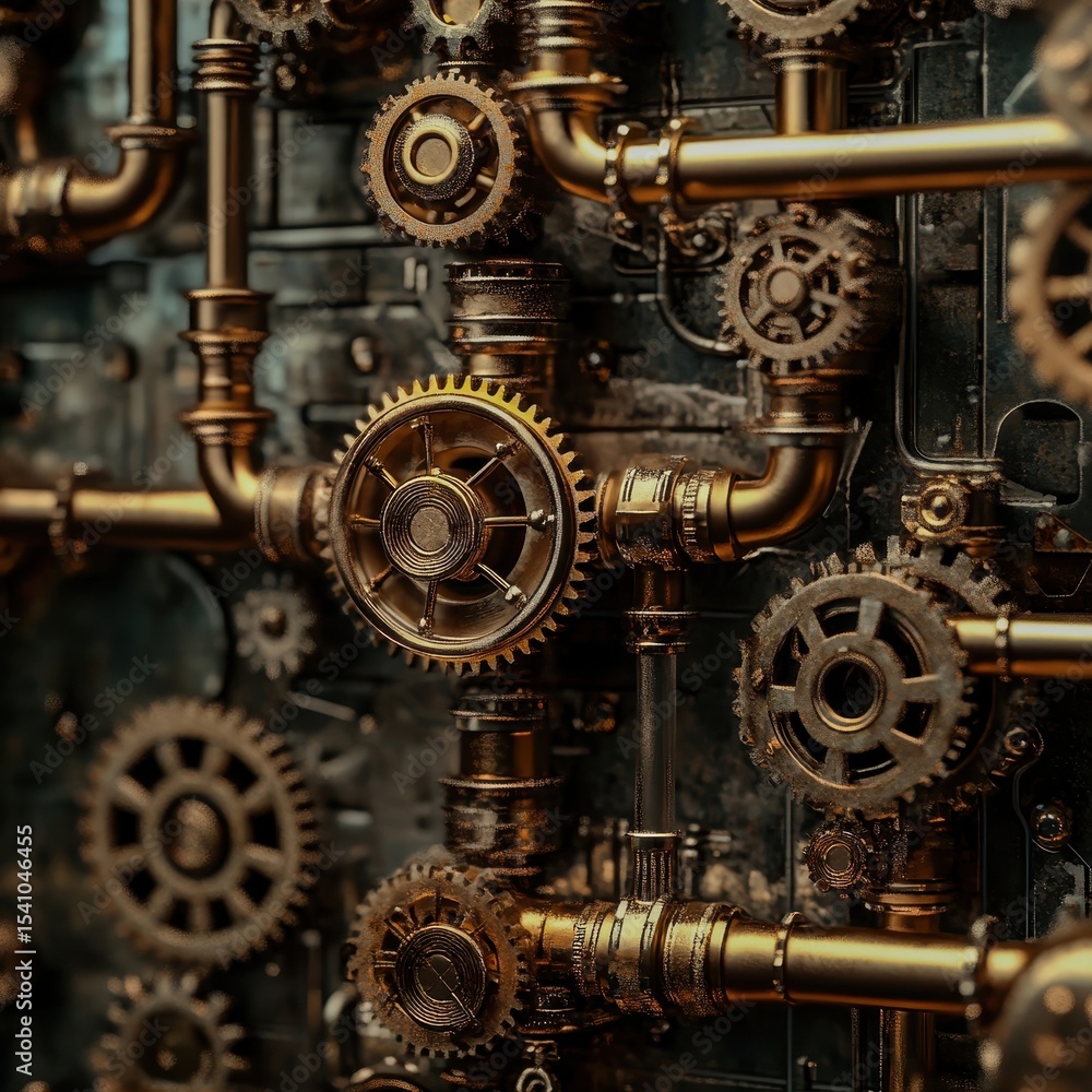 Fototapeta premium A steampunk neural network with brass pipes and gears forming connections