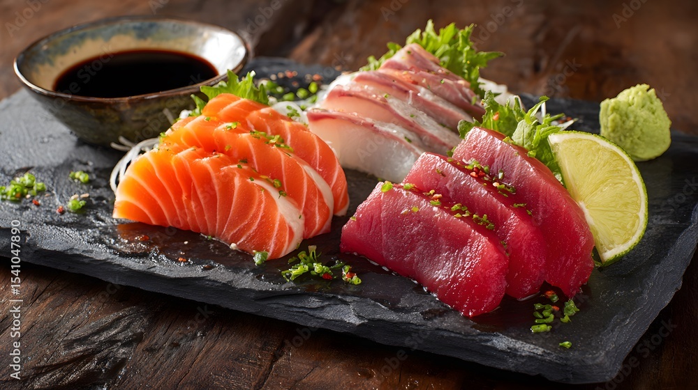 Exquisite Sashimi Platter: Fresh salmon, tuna, and white fish elegantly arranged with wasabi, lime, and soy sauce for a delightful culinary treat. Exquisite Sashimi Platter: Fresh salmon, tuna, and white fish elegantly arranged with wasabi, lime, and soy sauce for a delightful culinary treat.