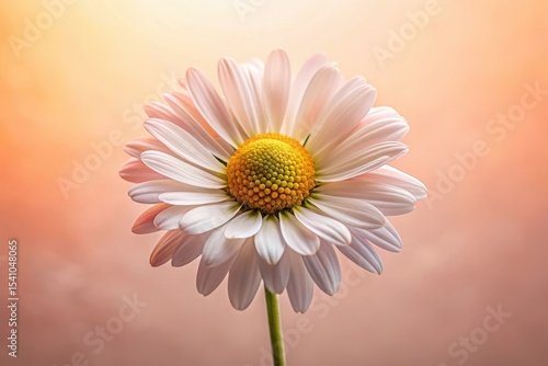 A single daisy, delicate petals unfurled, basks in the warm glow of a soft, pastel sunrise, a symbol of purity and springtime renewal.