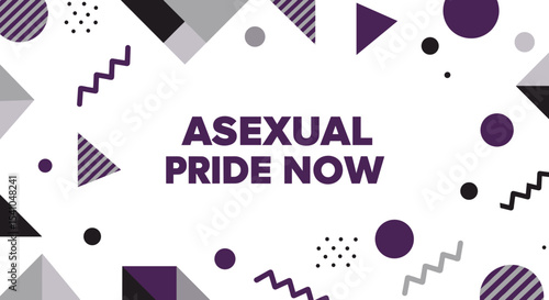 ASEXUAL PRIDE NOW. Modern abstract geometric design with asexual pride flag colors. LGBTQIA+ community awareness and celebration.