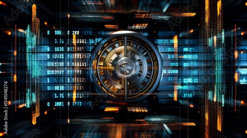 Metal vault door with binary code inside digital landscape. Cybersecurity fintech online themes. AI generated