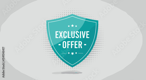 EXCLUSIVE OFFER. Teal shield badge on a gray halftone background. Promotional banner for sales and discounts. Vector illustration for marketing and advertising.