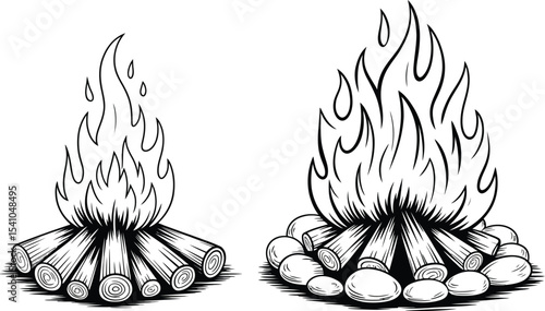 Two campfire illustrations with different sizes and stone placement
