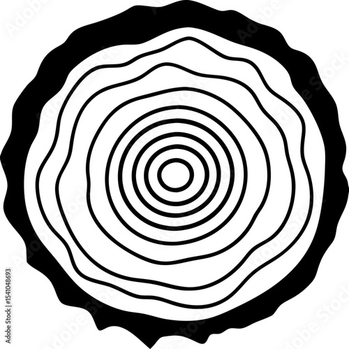 Abstract black and white illustration of a tree stump cross section showing growth rings and organic texture simple graphic design concept