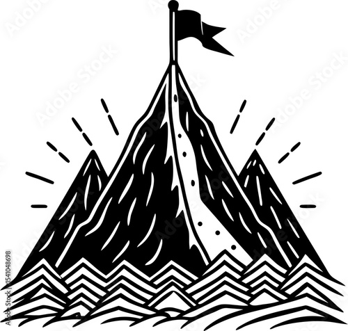 Achieving a goal mountain peak illustrated in black and white representing success and achievement symbolism for design concepts