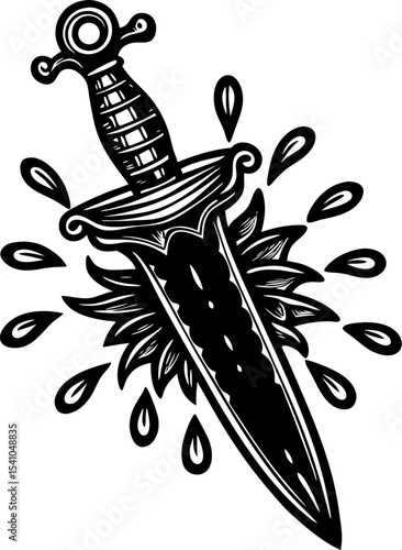 Bold black and white tattoo style dagger image with blood drops design suitable for various artistic applications