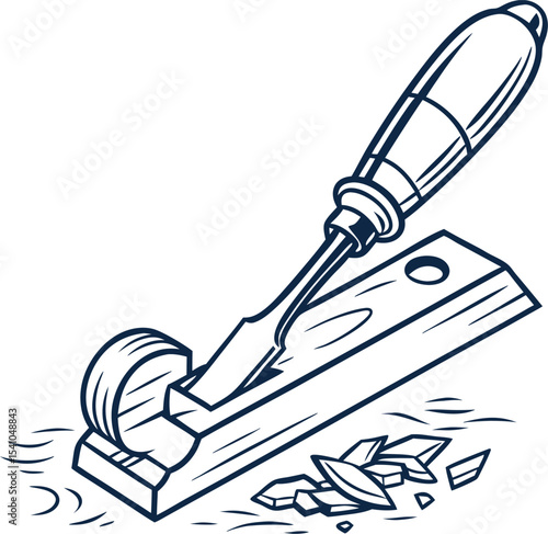 Carpenter using a chisel to carve and shape wood creating a detailed illustration showing wood shavings and broken wood fragments