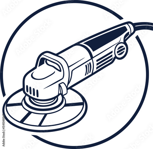 Detailed illustration of a professional electric angle grinder tool icon presented inside a circular frame representing its functionality and design