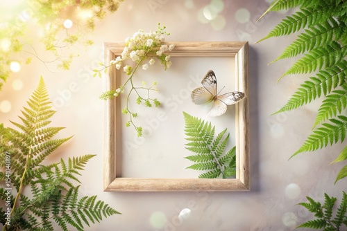 Serene Springtime Botanical Arrangement Featuring a Wooden Frame, Delicate Flowers, and a Graceful Butterfly
