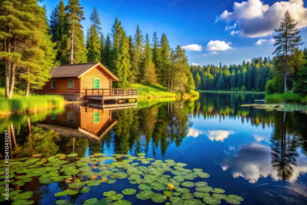 Fototapeta premium Serene Lakeside Cabin Retreat with Majestic Reflections in a Tranquil Forest Setting