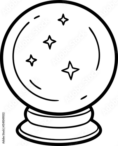Simple line art illustration of a crystal ball with stars for mystical and magical themes in flat design
