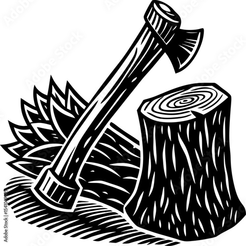 Woodcut style illustration of an axe resting on firewood and a tree stump depicting concepts of lumberjack and woodworking