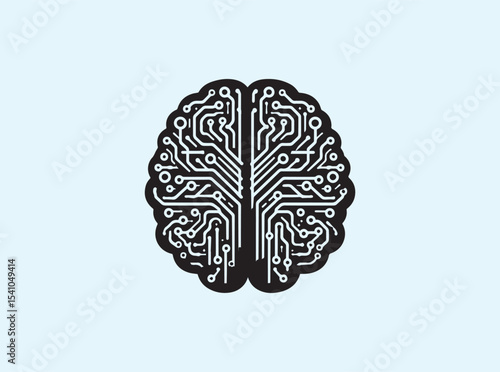 Solid black silhouette of a human brain integrated with cybernetic circuitry and a microprocessor symbolizing artificial intelligence and digital neural networks
