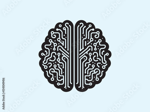 Human brain solid black silhouette combined with digital circuits and microprocessor elements reflecting the fusion of biology and cyber technology