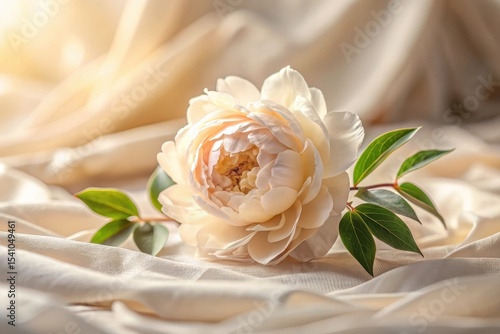 A Single Delicate Cream-Colored Bloom Resting on Soft, Draped Fabric, Illuminated by Gentle Sunlight