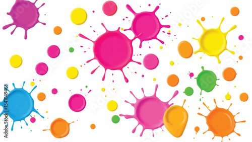 Colorful, abstract, and vibrant paint splatters in a circular pattern on a white background. Vector illustration of multicolor paint splashes.