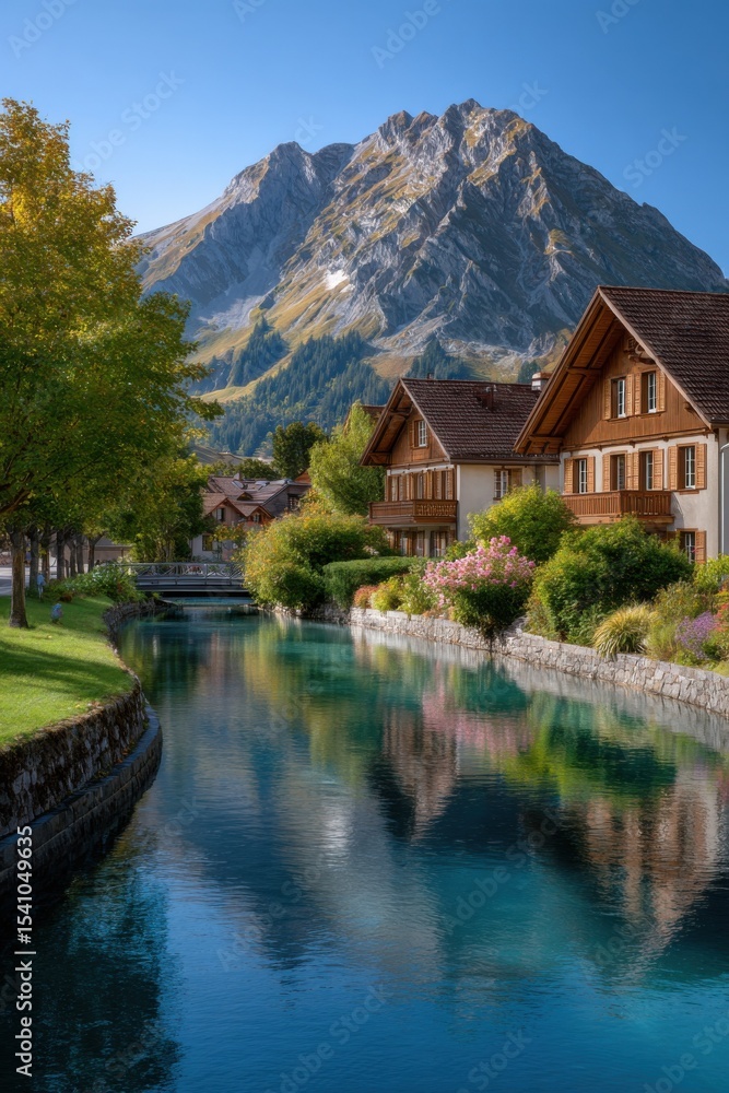Fototapeta premium Picturesque Village Canal Reflecting Mountains, Showcasing Serenity and Travel Destination Appeal, Ideal for Tourism Marketing and Vacation Planning : Generative AI